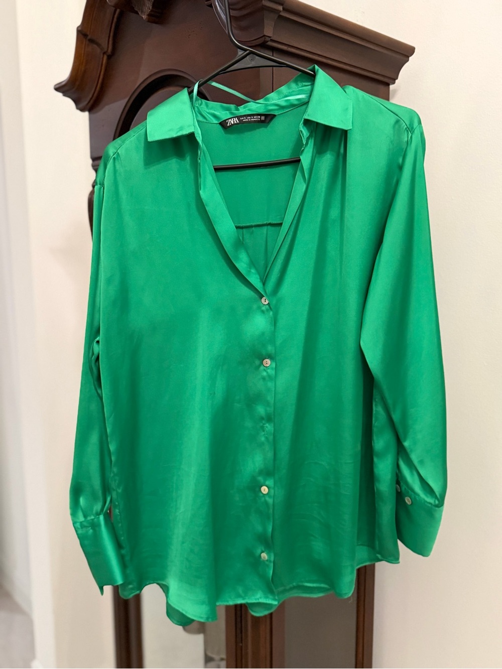 Zara Bright Green Satin Button-Down Shirt